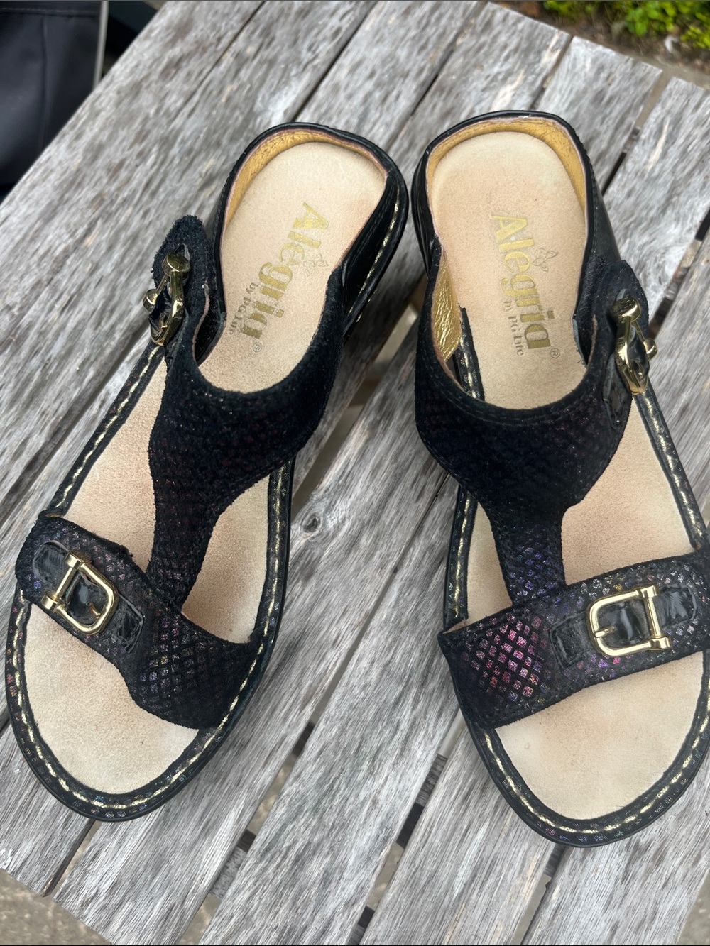 Alegria Black Iridescent T-strap Sandals with Gold Buckles